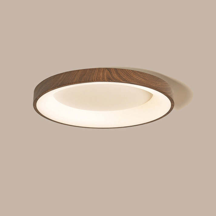 "Natural wooden LED ceiling light with circular frame, rustic-modern design, energy-efficient, enhances home ambiance."