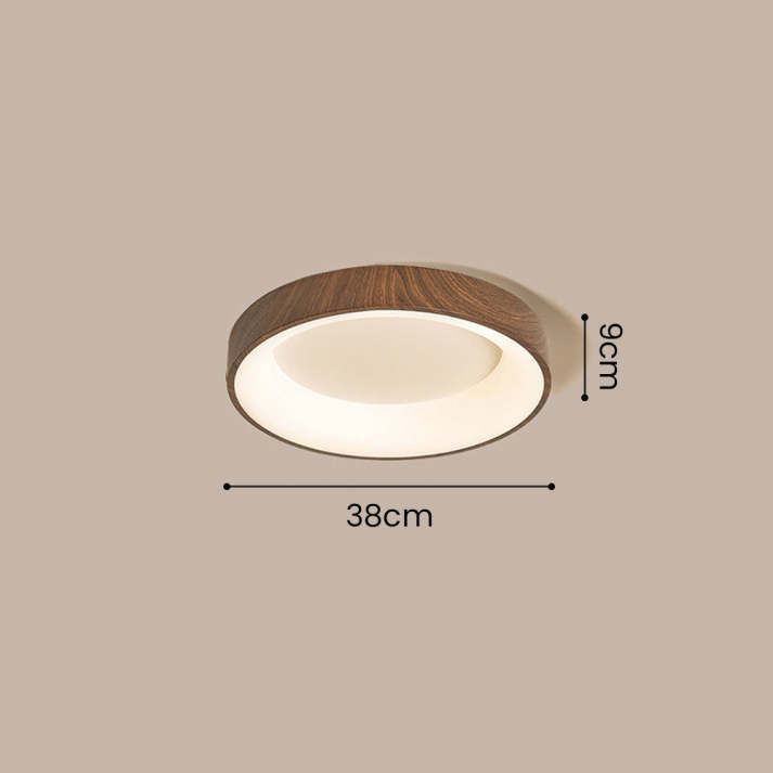 "Natural wooden LED ceiling light with circular frame, rustic-modern design, energy-efficient, enhances home ambiance."