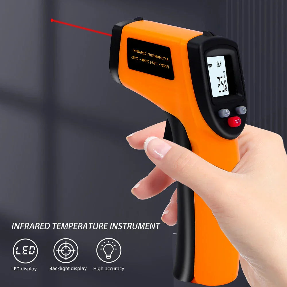 Non-contact infrared thermometer with laser targeting and backlit display for precise industrial temperature measurement.