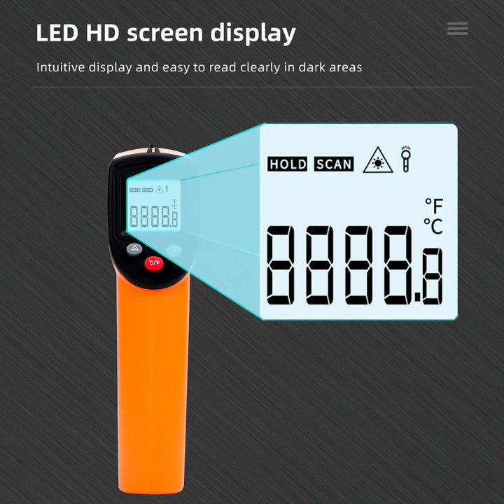 Non-contact infrared thermometer with laser targeting and backlit display for precise industrial temperature measurement.