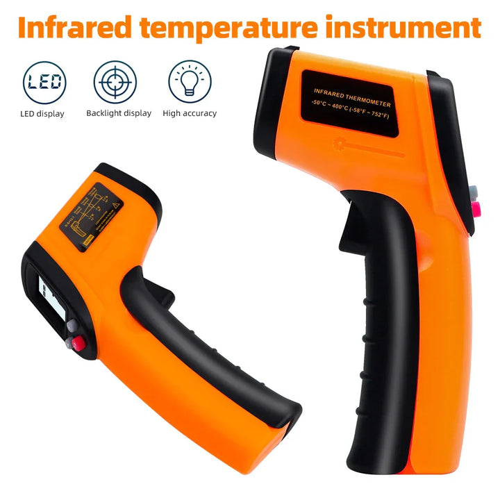 Non-contact infrared thermometer with laser targeting and backlit display for precise industrial temperature measurement.
