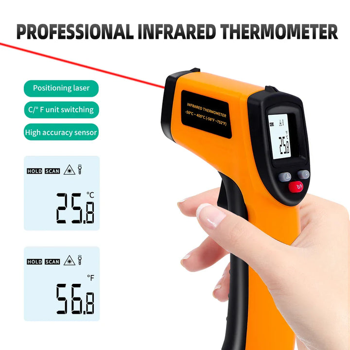 Non-contact infrared thermometer with laser targeting and backlit display for precise industrial temperature measurement.
