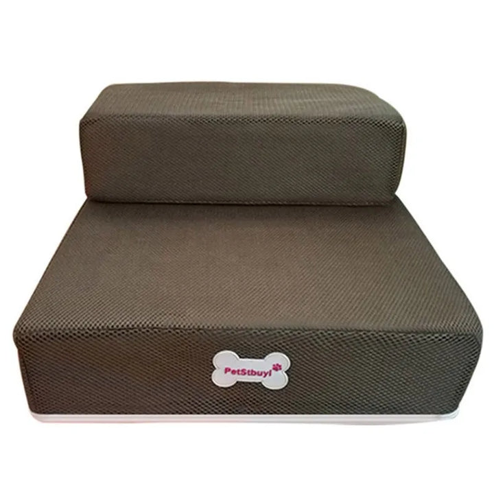 "Non-slip pet stairs with soft foam for dogs and cats, safe steps for easy access to sofa or bed, supportive and stylish."