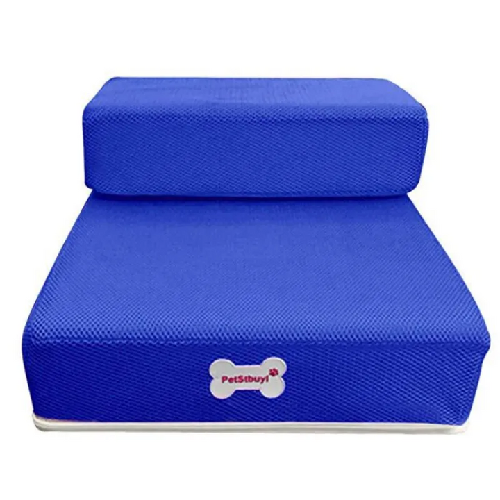 "Non-slip pet stairs with soft foam for dogs and cats, safe steps for easy access to sofa or bed, supportive and stylish."