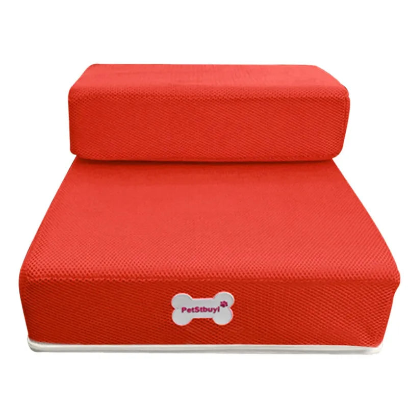 "Non-slip pet stairs with soft foam for dogs and cats, safe steps for easy access to sofa or bed, supportive and stylish."