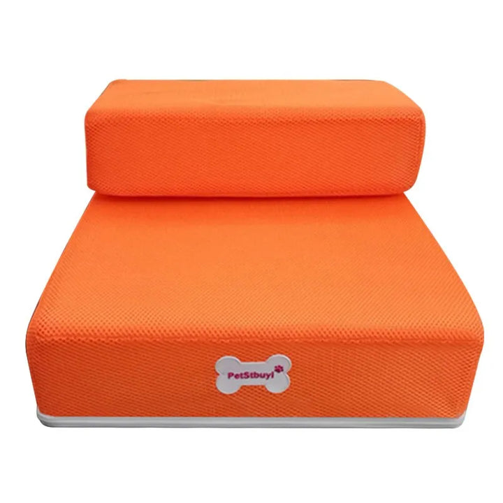 "Non-slip pet stairs with soft foam for dogs and cats, safe steps for easy access to sofa or bed, supportive and stylish."
