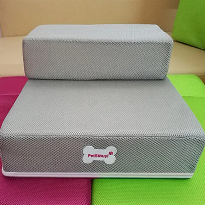 "Non-slip pet stairs with soft foam for dogs and cats, safe steps for easy access to sofa or bed, supportive and stylish."