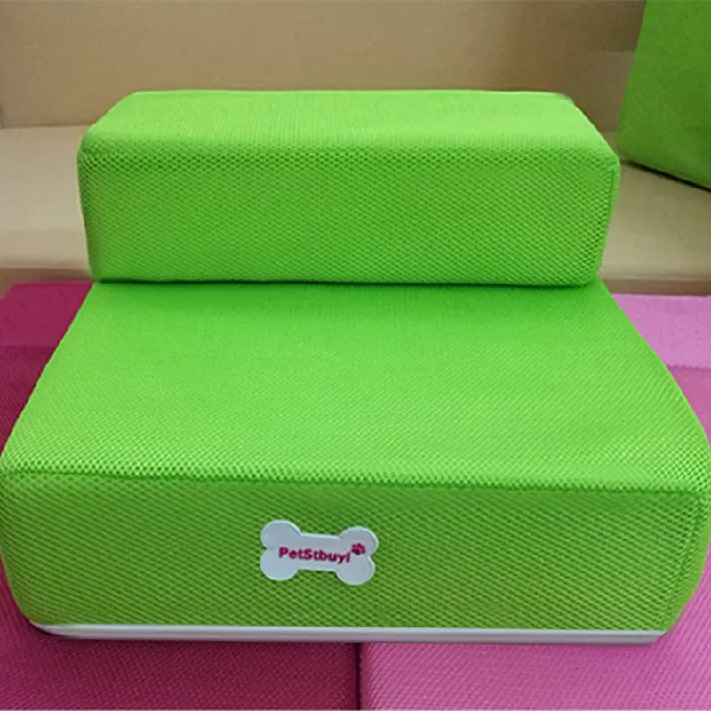 "Non-slip pet stairs with soft foam for dogs and cats, safe steps for easy access to sofa or bed, supportive and stylish."