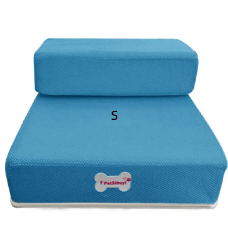 "Non-slip pet stairs with soft foam for dogs and cats, safe steps for easy access to sofa or bed, supportive and stylish."