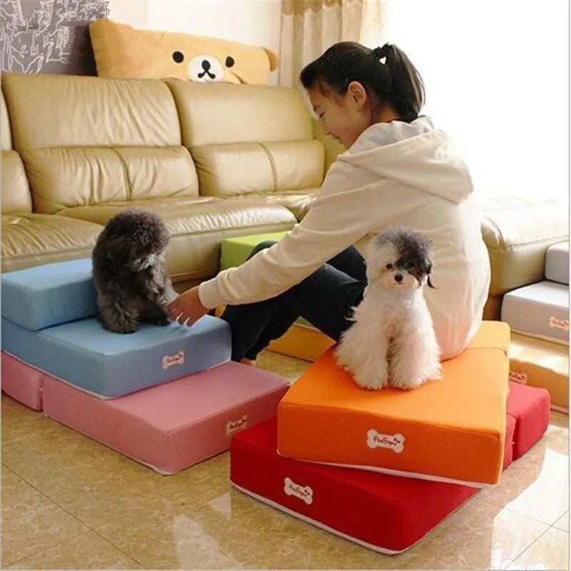 "Non-slip pet stairs with soft foam for dogs and cats, safe steps for easy access to sofa or bed, supportive and stylish."