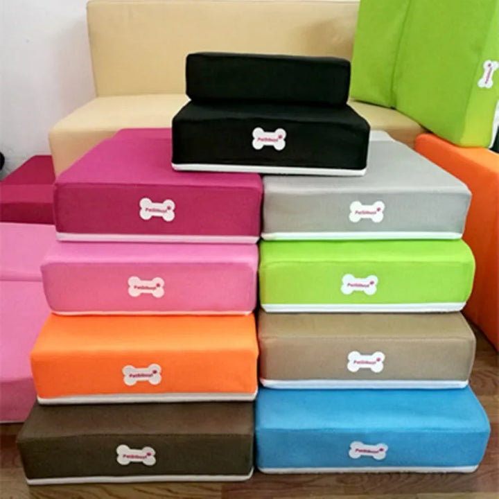 "Non-slip pet stairs with soft foam for dogs and cats, safe steps for easy access to sofa or bed, supportive and stylish."