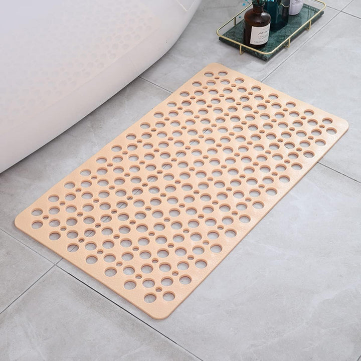 Non-slip shower mat with suction cups, textured for comfort, mold-resistant, in blue, green, grey; enhances bathroom safety.