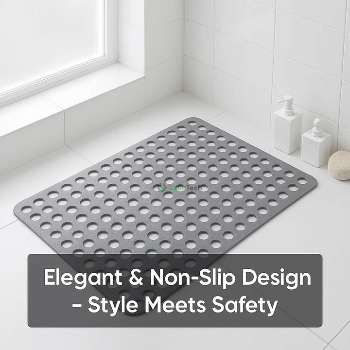 Non-slip shower mat with suction cups, textured for comfort, mold-resistant, in blue, green, grey; enhances bathroom safety.