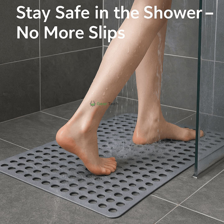 Non-slip shower mat with suction cups, textured for comfort, mold-resistant, in blue, green, grey; enhances bathroom safety.