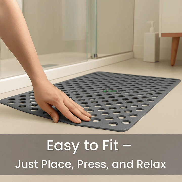 Non-slip shower mat with suction cups, textured for comfort, mold-resistant, in blue, green, grey; enhances bathroom safety.