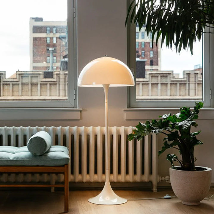 "Nordic Danish LED Mushroom Floor Lamp, modern minimalist design, acrylic, warm glow, ideal for lounges and reading nooks."