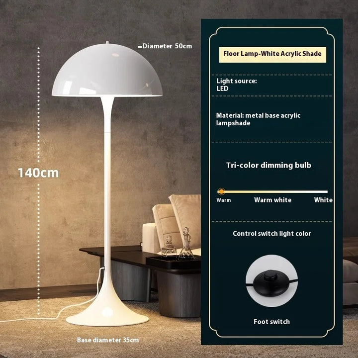 "Nordic Danish LED Mushroom Floor Lamp, modern minimalist design, acrylic, warm glow, ideal for lounges and reading nooks."