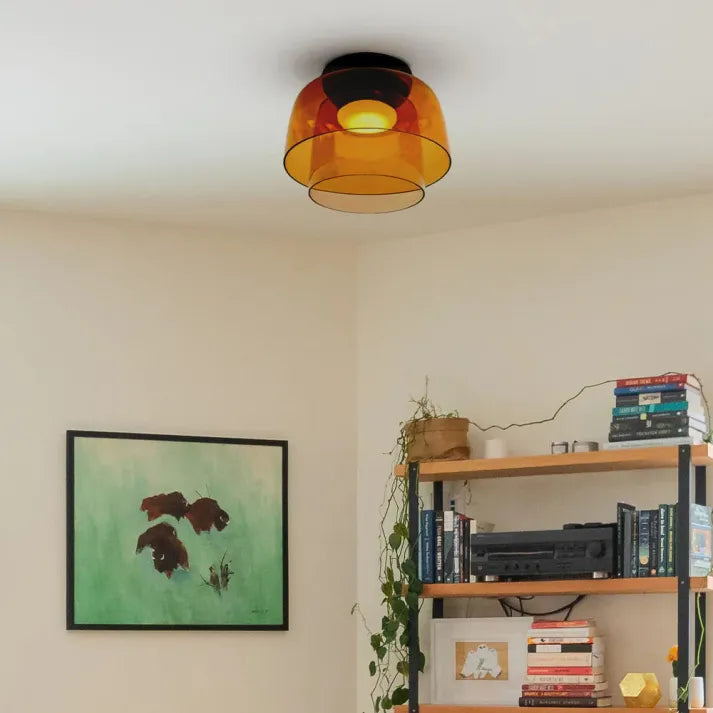 Nordic designer glass ceiling lamp in modern medieval style with elegant glass build, available in gray, green, and orange.