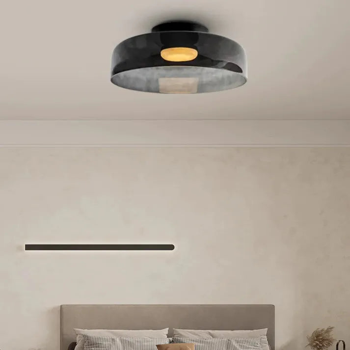 Nordic designer glass ceiling lamp in modern medieval style with elegant glass build, available in gray, green, and orange.