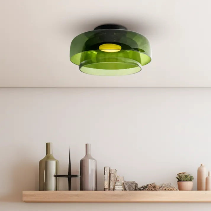 Nordic designer glass ceiling lamp in modern medieval style with elegant glass build, available in gray, green, and orange.