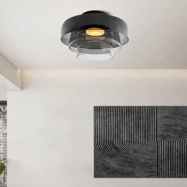 Nordic designer glass ceiling lamp in modern medieval style with elegant glass build, available in gray, green, and orange.