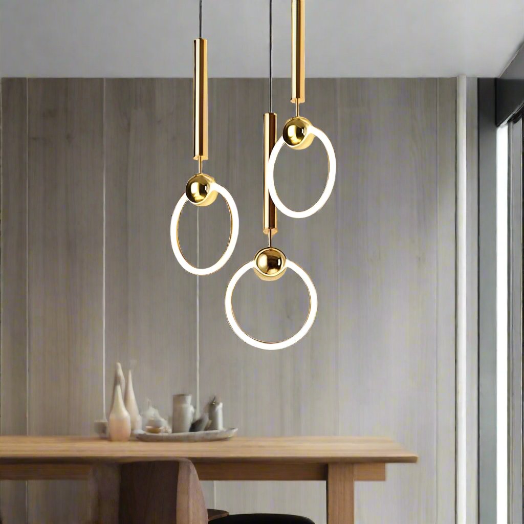 "Nordic LED Pendant Light with sleek metal lines and minimalist design, perfect for modern kitchens and dining areas."
