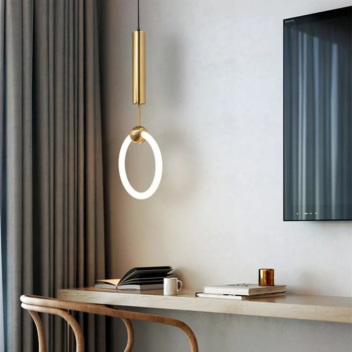 "Nordic LED Pendant Light with sleek metal lines and minimalist design, perfect for modern kitchens and dining areas."