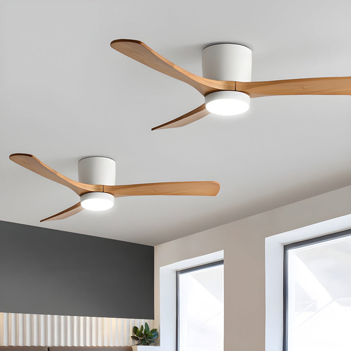 "Nordic Wooden Ceiling Fan Light with sycamore blades and LED, remote-operated for modern home decor."
