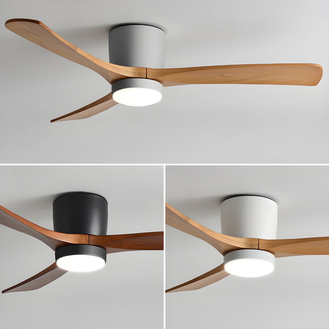 "Nordic Wooden Ceiling Fan Light with sycamore blades and LED, remote-operated for modern home decor."