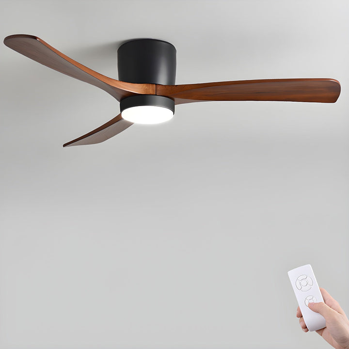 "Nordic Wooden Ceiling Fan Light with sycamore blades and LED, remote-operated for modern home decor."