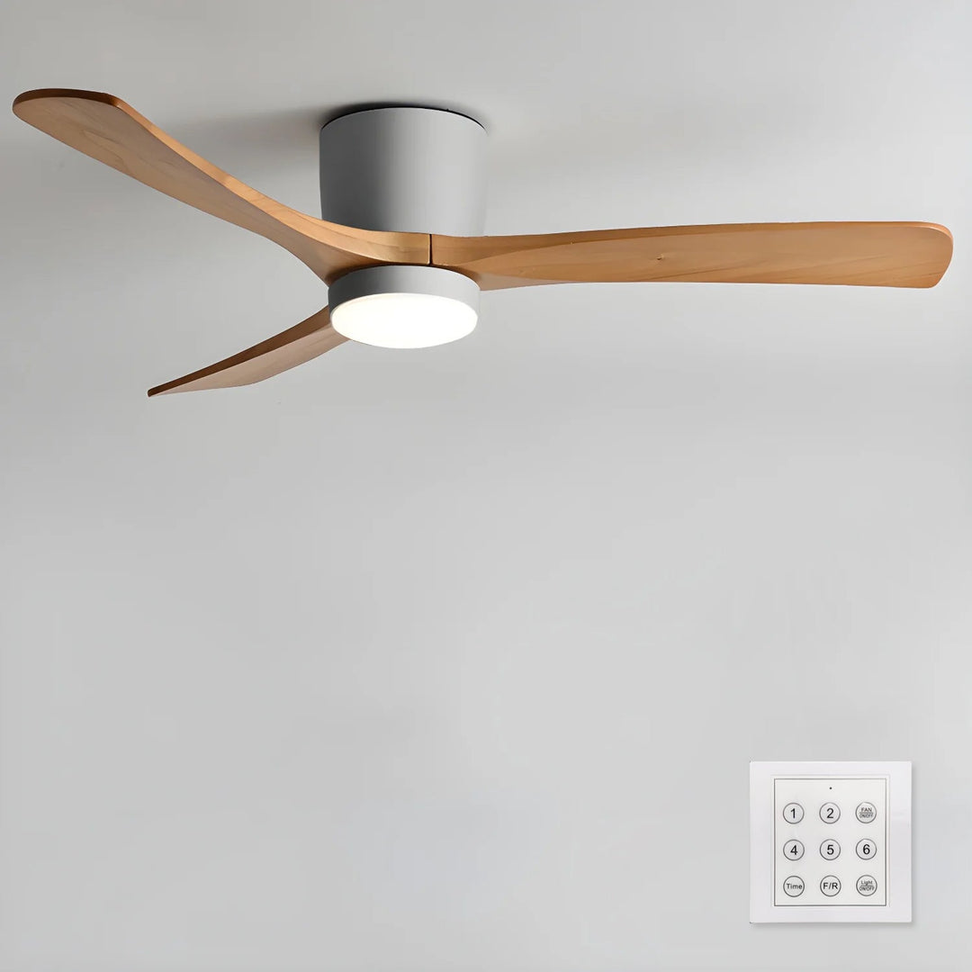 "Nordic Wooden Ceiling Fan Light with sycamore blades and LED, remote-operated for modern home decor."
