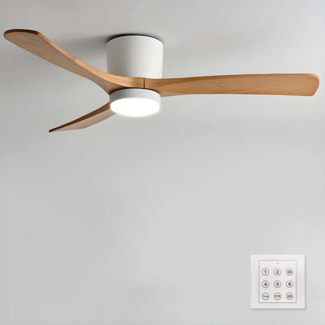 "Nordic Wooden Ceiling Fan Light with sycamore blades and LED, remote-operated for modern home decor."