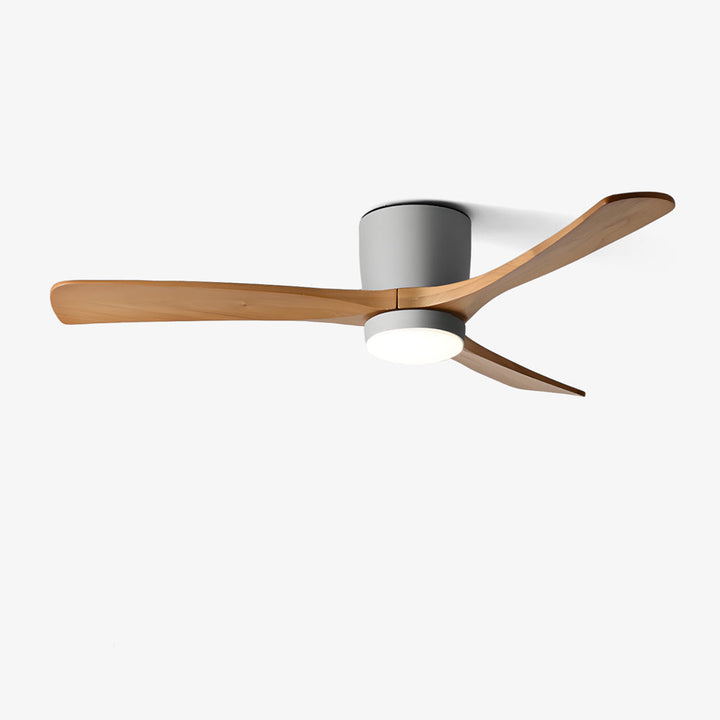 "Nordic Wooden Ceiling Fan Light with sycamore blades and LED, remote-operated for modern home decor."
