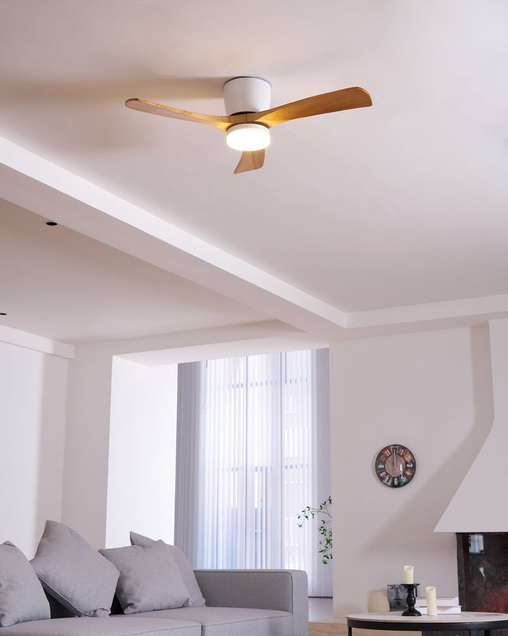 "Nordic Wooden Ceiling Fan Light with sycamore blades and LED, remote-operated for modern home decor."