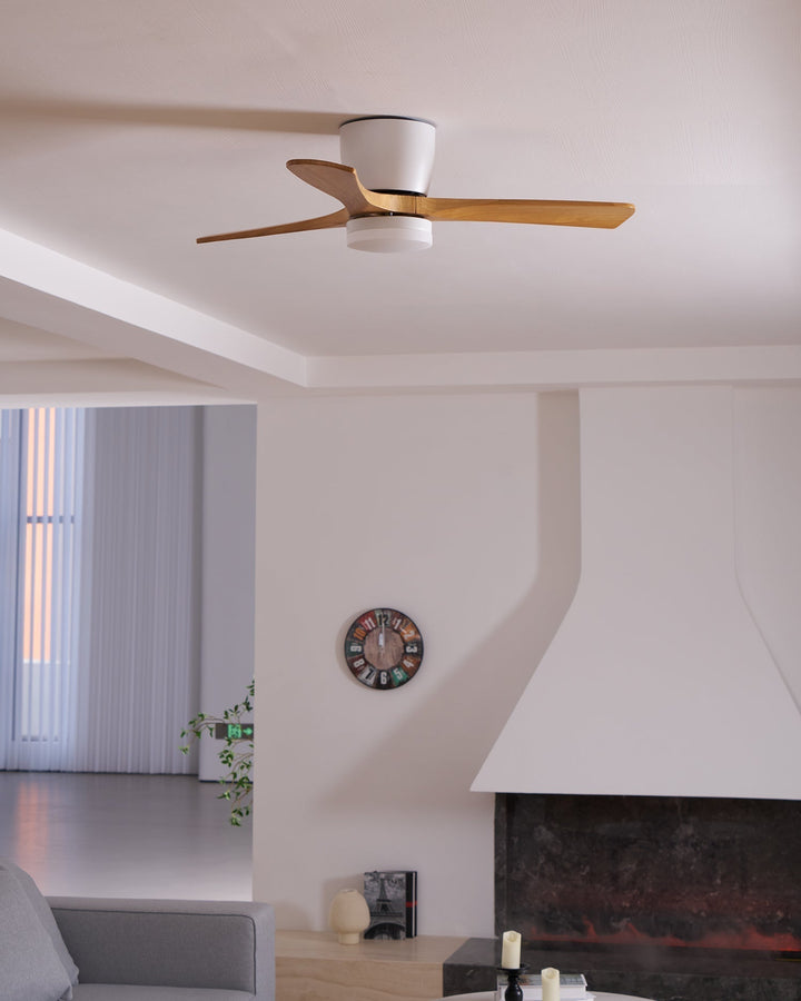 "Nordic Wooden Ceiling Fan Light with sycamore blades and LED, remote-operated for modern home decor."