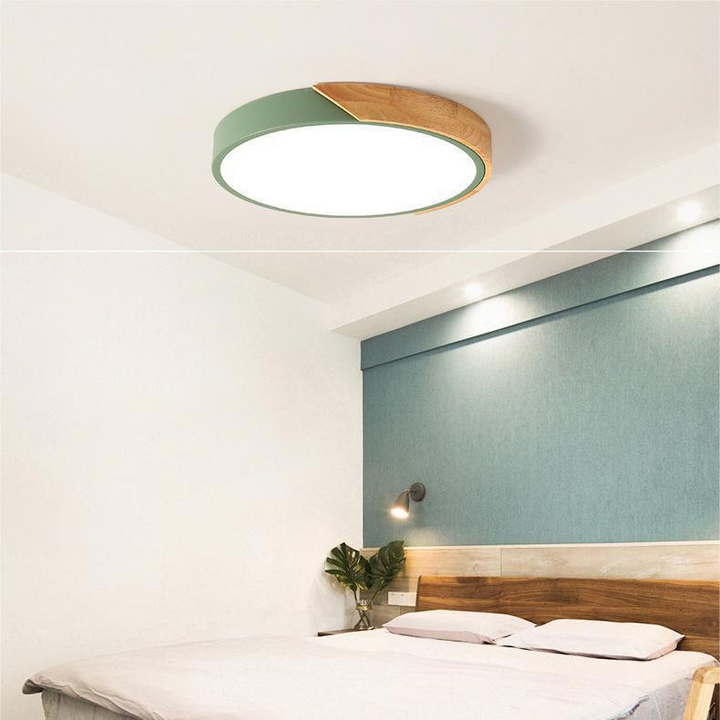 "Nordic Wooden Macaroon Ceiling Light with sleek wooden finish and minimalistic design, perfect for modern spaces."