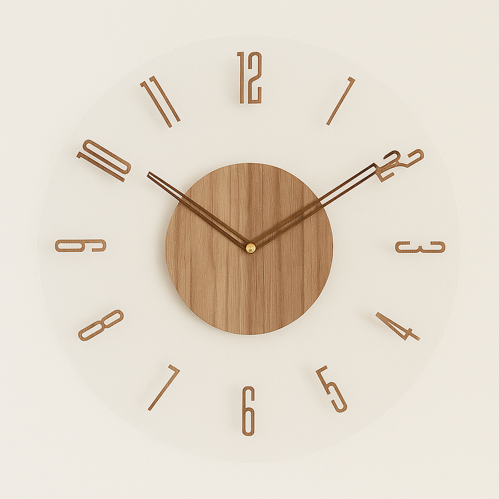 Nordic Wooden Wall Clock with minimalist design, round shape, natural wood finish, and silent quartz movement for home decor.