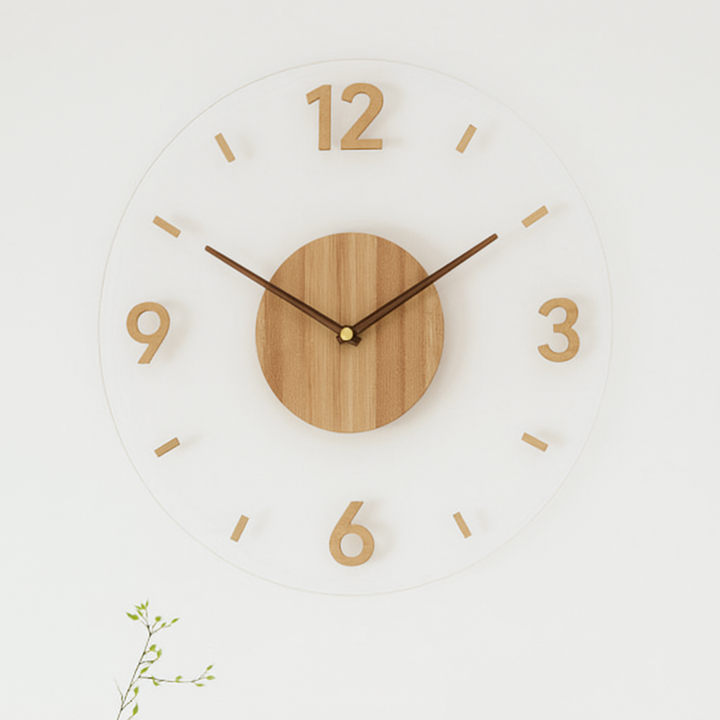 Nordic Wooden Wall Clock with minimalist design, round shape, natural wood finish, and silent quartz movement for home decor.