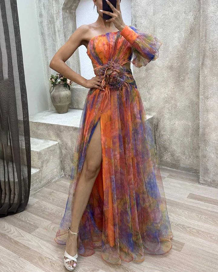 Off-shoulder evening gown for women, elegant design, available in vibrant colors. Ideal for weddings, parties, and galas.