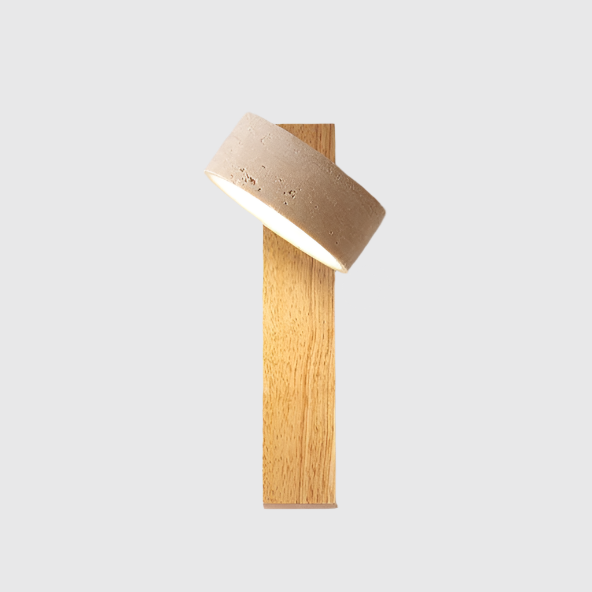 "Off-white travertine wall lamp with LED light, minimalist design, wood accents, ideal for ambient bedroom lighting."