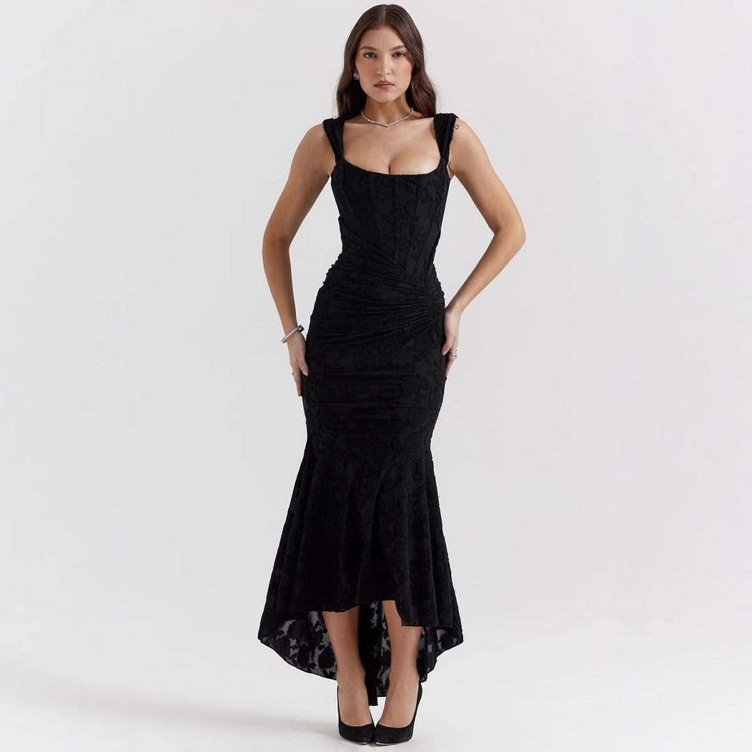 One-shoulder mermaid evening dress with satin feel, ruched waist, and elegant silhouette, perfect for formal occasions.