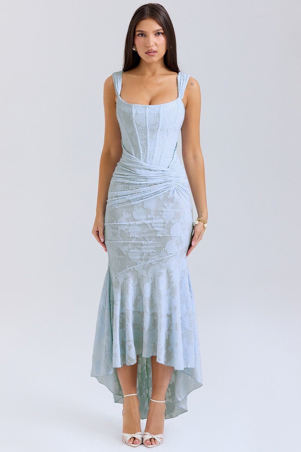 One-shoulder mermaid evening dress with satin feel, ruched waist, and elegant silhouette, perfect for formal occasions.