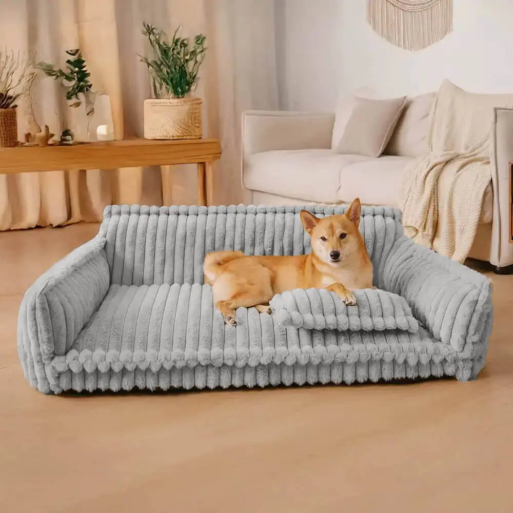Orthopaedic washable dog sofa in dark grey, light grey or white. Ideal for all breeds, offering plush, joint-supportive comfo