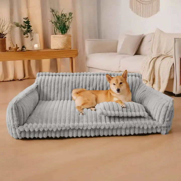 Orthopaedic washable dog sofa in dark grey, light grey or white. Ideal for all breeds, offering plush, joint-supportive comfo