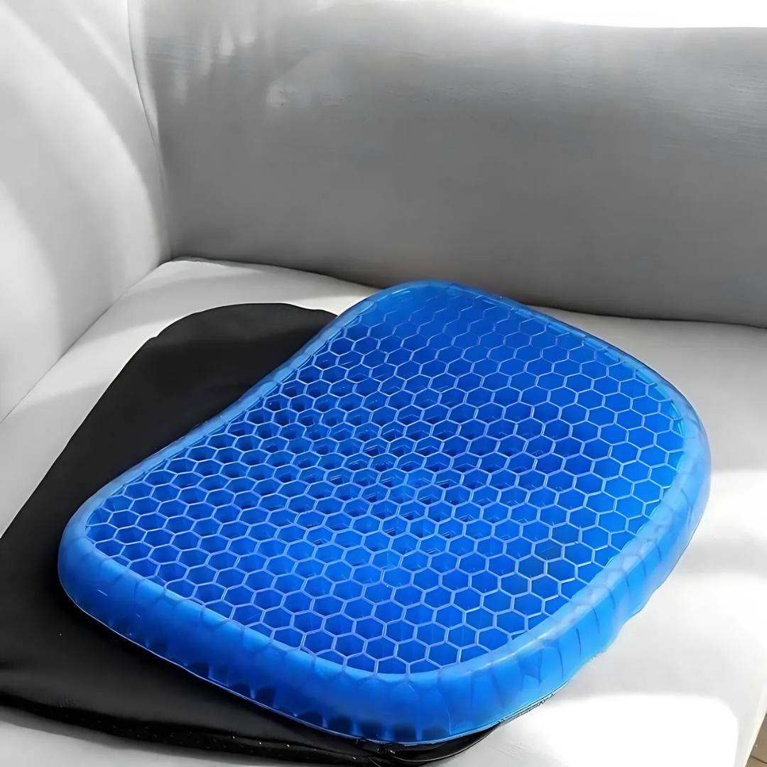 Orthopedic gel seat cushion with blue honeycomb design for tailbone and back support, ideal for office, car, and home use.