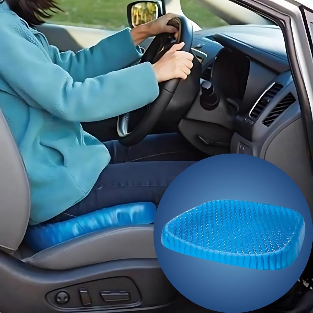 Orthopedic gel seat cushion with blue honeycomb design for tailbone and back support, ideal for office, car, and home use.