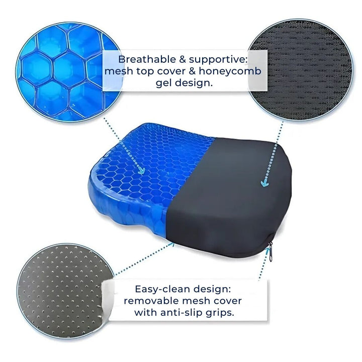 Orthopedic gel seat cushion with blue honeycomb design for tailbone and back support, ideal for office, car, and home use.