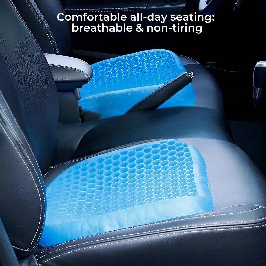 Orthopedic gel seat cushion with blue honeycomb design for tailbone and back support, ideal for office, car, and home use.