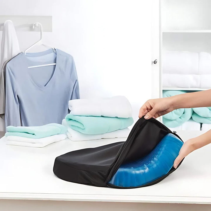 Orthopedic gel seat cushion with blue honeycomb design for tailbone and back support, ideal for office, car, and home use.