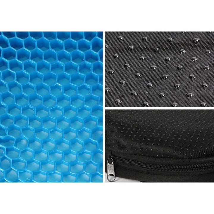 Orthopedic gel seat cushion with blue honeycomb design for tailbone and back support, ideal for office, car, and home use.